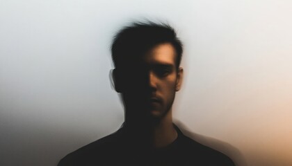 Blurred man portrait, studio, background gradient, identity crisis