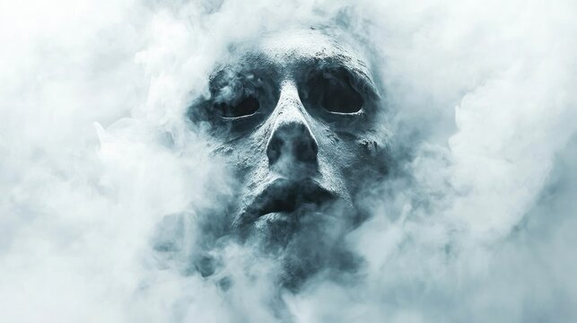 Ghastly face emerges from smoke, horror concept, dark background, film poster