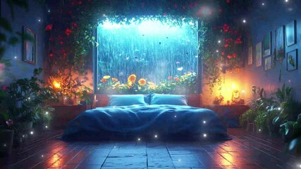 Relaxing space with plants, soft light, and soothing rain sounds. glitch stream overlay seamless loop Vtuber streamer asset twitch zoom OBS screen animated wallpaper virtual background