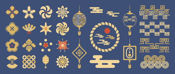 Happy Chinese and Japanese New Year 2025 Icons vector set. Chinese Lanterns, firework, fan, cloud, coin, cherry blossom flower. Oriental Icons of Asian Lunar New Year holiday decoration vector.