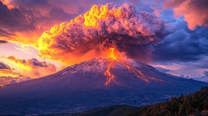 Fiery volcanic eruption at sunset.