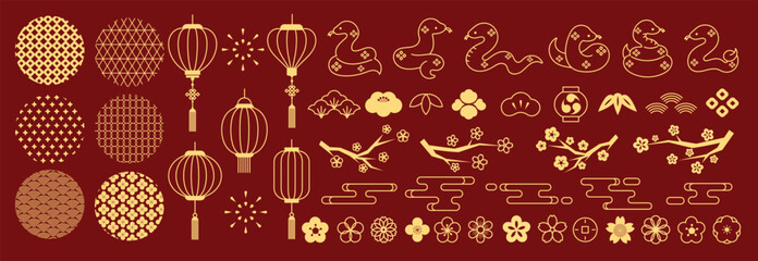 Happy Chinese and Japanese New Year 2025 Icons vector set. Cherry blossom flower branch, snake, flower, pattern, lantern, firework. Oriental Icons of Asian Lunar New Year holiday decoration vector.