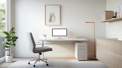 Minimalist home office with computer, chair, and plants in a bright, airy space for productive workdays.