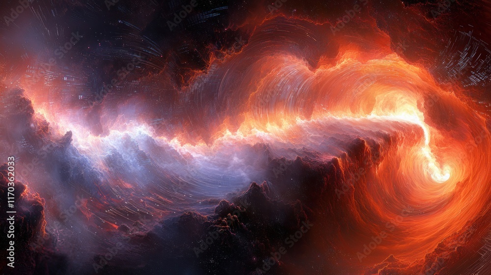 Poster cosmic inferno: a fiery river of energy flows through a nebula, creating a breathtaking spectacle of