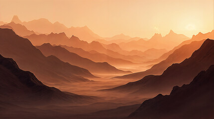 Naklejka premium Serene sunset over rolling mocha brown mountains. Layers of hills bathed in warm golden light create a breathtaking landscape.