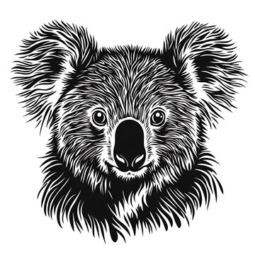 Black and white detailed koala head illustration.