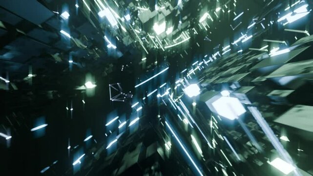 A geometric luminous sphere surrounded by platforms and lights in an abstract technological environment. Video loop seamless synchronized at 120 bmp