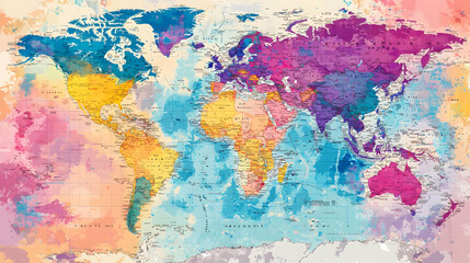 World Map: Watercolor Art, Global View