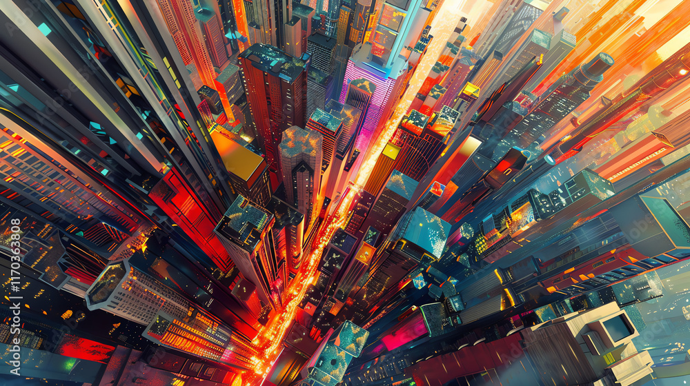 Poster capture the hypnotizing mesh of a futuristic cityscape painted in vibrant colors from a birds-eye vi