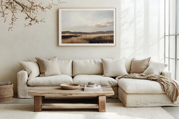 Serene Living Room with Wooden Bench and Landscape Photo Wall Decor