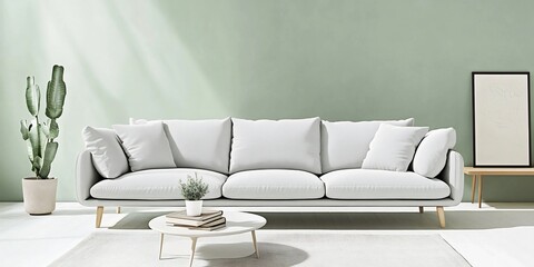 Bright and Minimal Nordic Living Room with Pale Green Accent Wall and Light Gray Couch