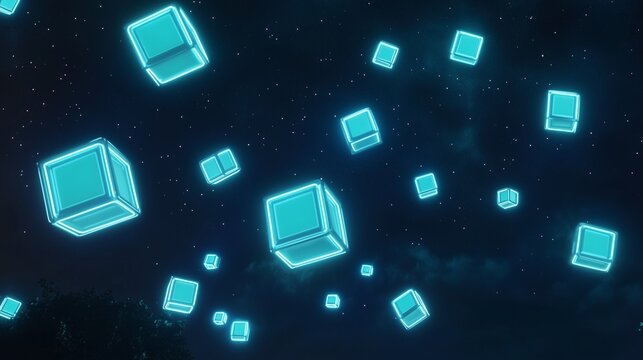 A constellation of small, cyan neon squares, floating gently under a starless night sky, with each square pulsating rhythmically like a heartbeat.