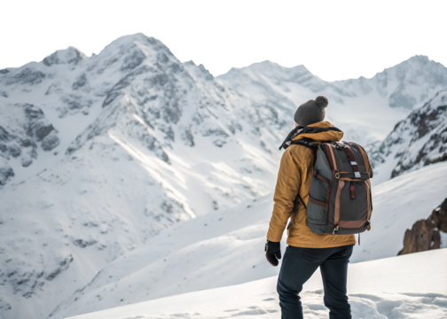 Backpacker enjoying the mountain view on snowy mountain peak, On isolated white background - Powered by Adobe