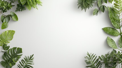 Fototapeta premium Lush green leaves frame a minimalistic white background, creating a fresh natural border.
