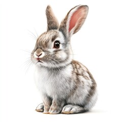 Obraz premium A cute and fluffy rabbit sits attentively, featuring a soft fur coat with shades of gray and brown, against a clean white background.
