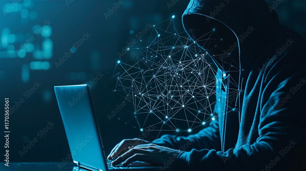 Poster a hooded figure types on a laptop in a dark room with a digital network grid overlay, representing n