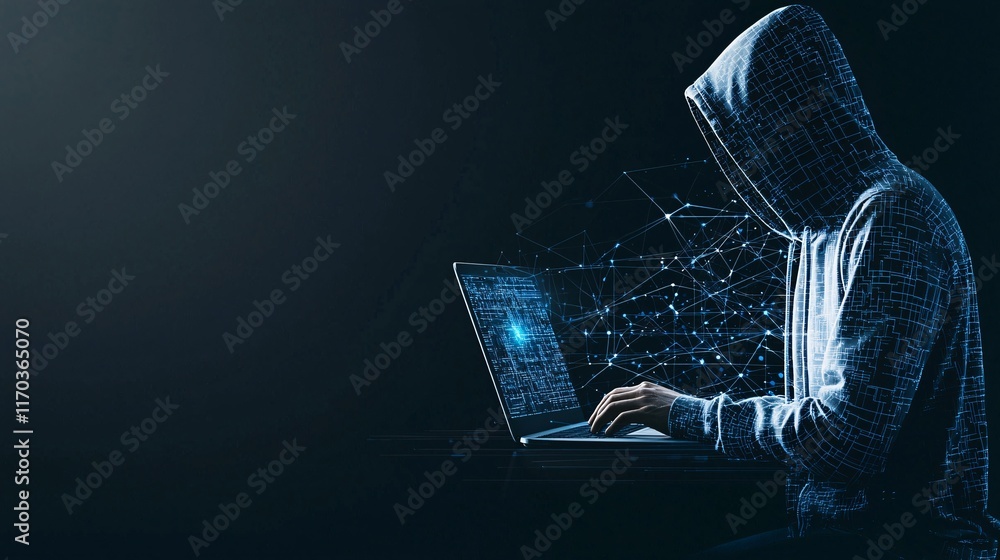 Poster a hooded figure types on a laptop in a dark room with a digital network grid overlay, representing n