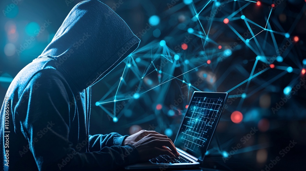 Poster a hooded figure types on a laptop in a dark room with a digital network grid overlay, representing n