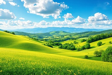 Fototapeta premium Scenic green hills and meadows with scattered trees, under a vivid blue sky with fluffy white clouds. Idyllic countryside concept. Ai generative