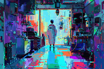 Craft a pixel art representation of a neurosurgeon in a utopian dystopia from a tilted angle Combine vibrant colors with glitch art elements to depict a futuristic yet distorted setting
