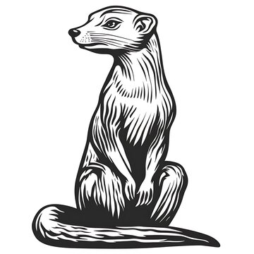 Engraved mongoose sitting, vector illustration.