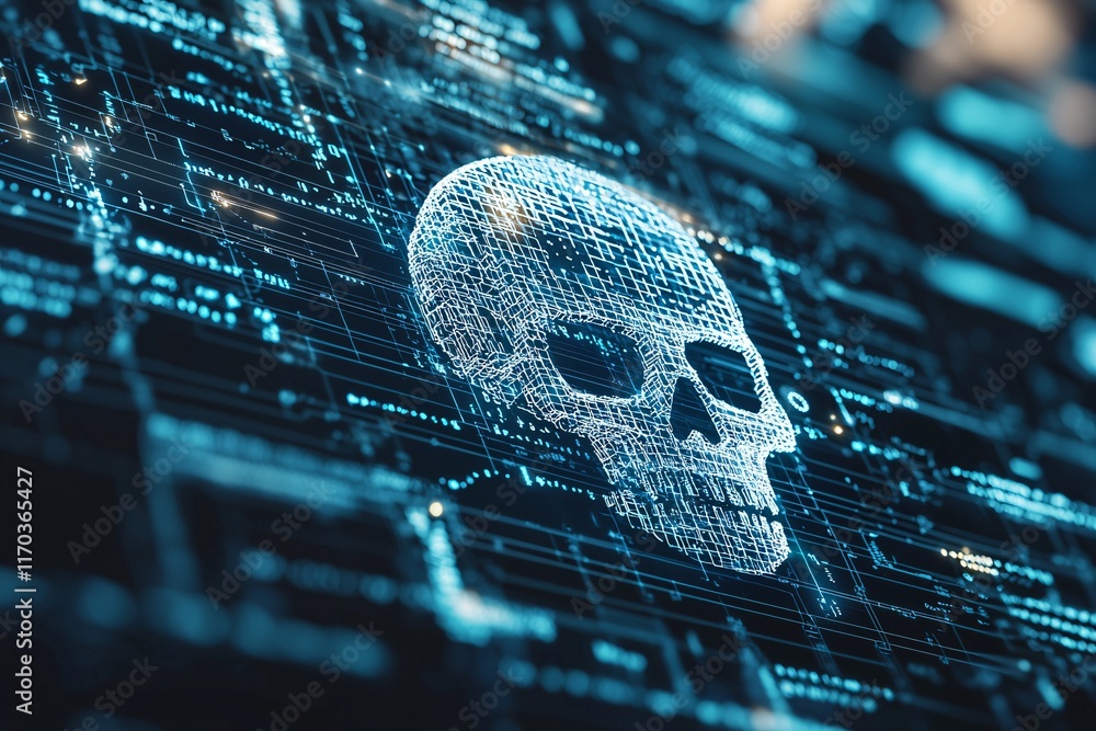 Poster a digital skull icon emerges from a network grid, symbolizing the dangers of hacking, with copy spac