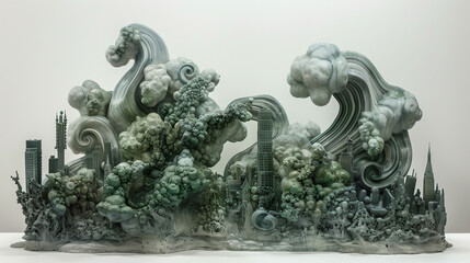 Craft a traditional art piece depicting an aerial exploration of a dystopian dreamscape, with swirling clouds of toxic gas engulfing a city on clay sculpture