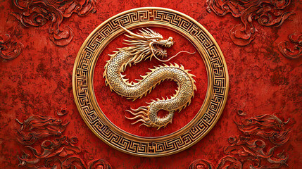 Golden Dragon Emblem on Red Background Symbolizing Chinese New Year and Tradition in a Circular Motif - Concept of Celebration, Cultural Heritage, Fortune, and Festivity