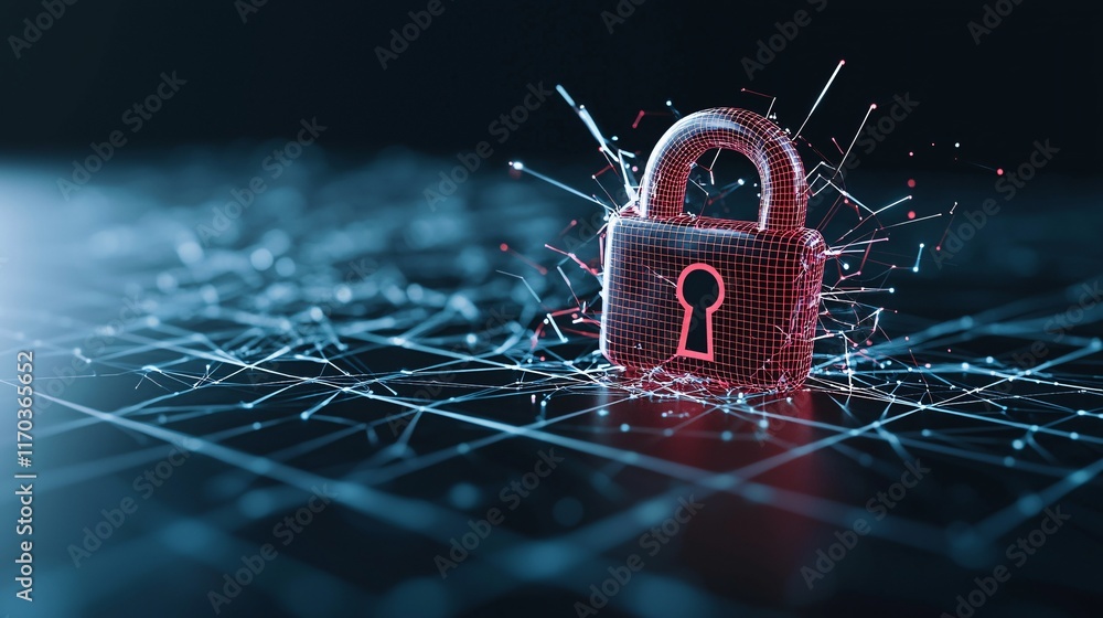 Poster a stylized image of a network grid with a padlock icon being broken, symbolizing a security breach, 