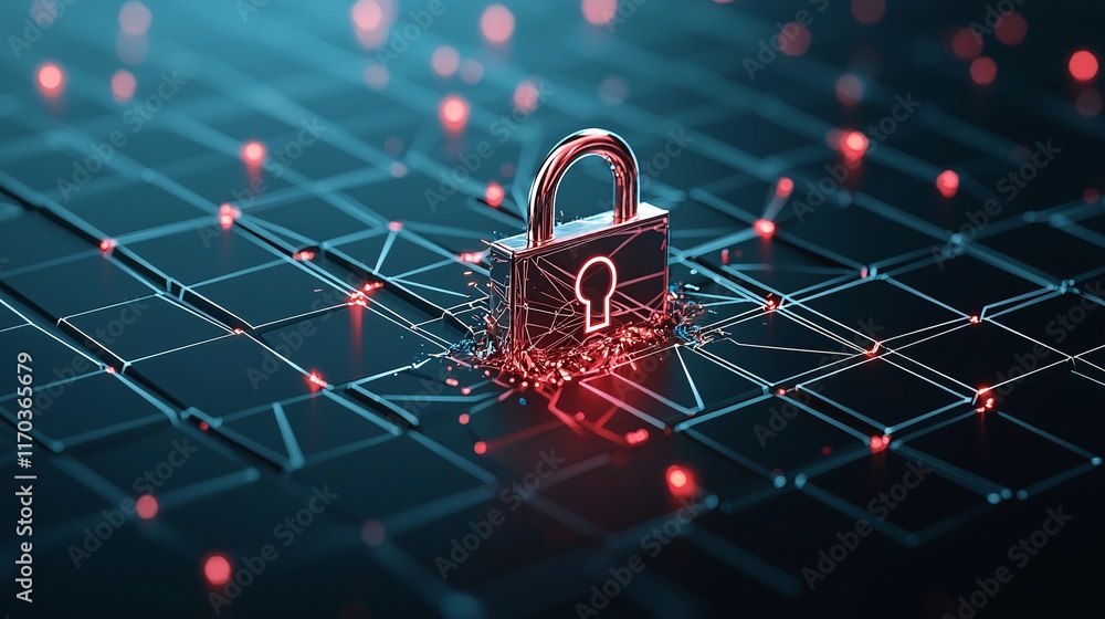 Poster a stylized image of a network grid with a padlock icon being broken, symbolizing a security breach, 
