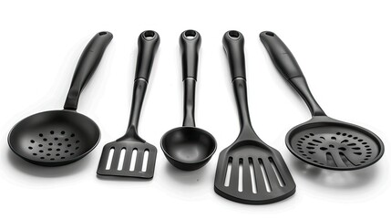 Five black plastic kitchen utensils slotted spoon, spatula, ladle, on white background.