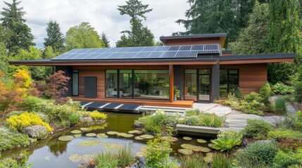 A contemporary eco-home with flat roof solar panels, a side-wall heat pump, and natural landscaping for a green energy lifestyle.