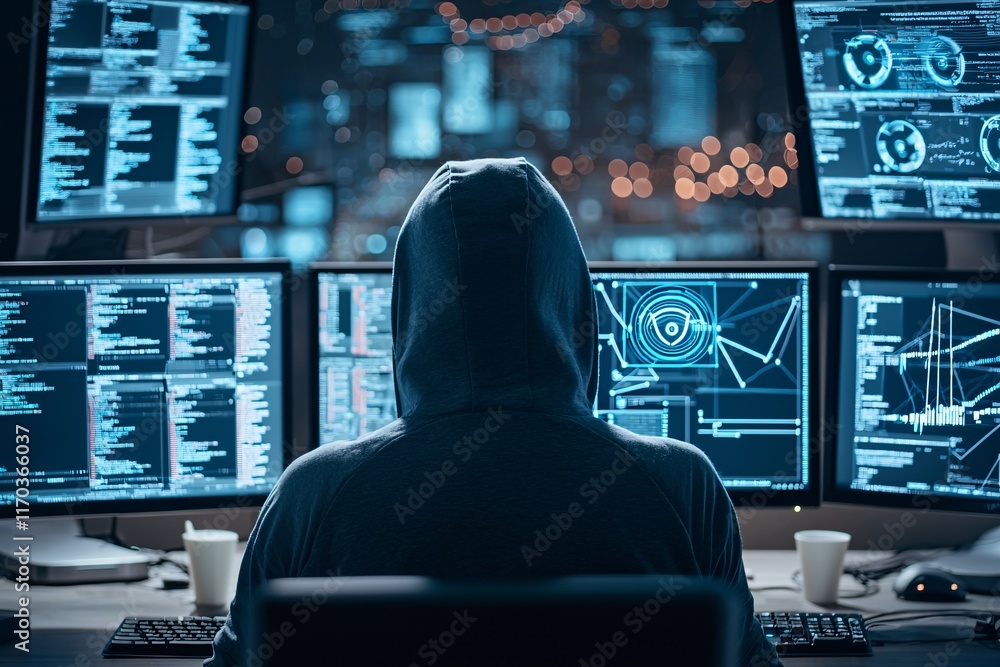 Poster A hooded figure working on multiple monitors displaying network hacking tools, set against a dark backdrop with ample copy space.
