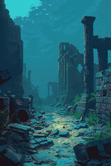 Dive into a surreal underwater world where ancient ruins lie beneath murky waters, rendered in a pixel art format with glitch art elements Create a sense of unease with unexpected angles that distort