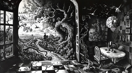 Embark on a visual journey through a twisted Wonderland, where optical illusions and paradoxes challenge perception Create this scene in pen and ink, utilizing unexpected camera angles to reveal hidde
