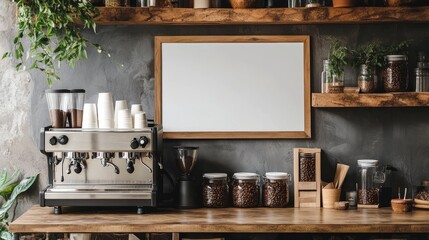 A cozy coffee corner with a blank wall frame, a professional coffee machine, and wooden shelves displaying rustic jars and fresh coffee beans