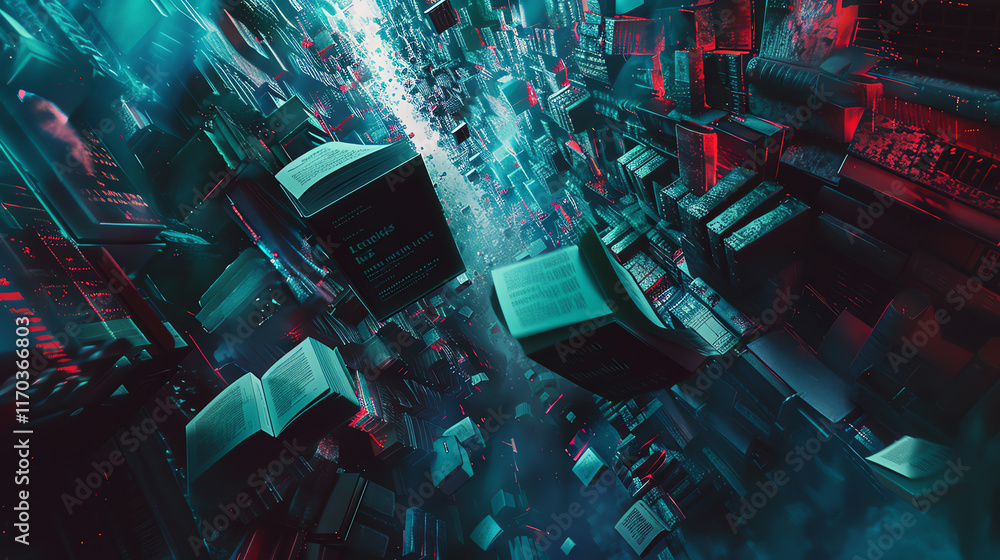 Poster explore the clash of modern novels and cryptocurrency markets in a dynamic, tilted angle view using 