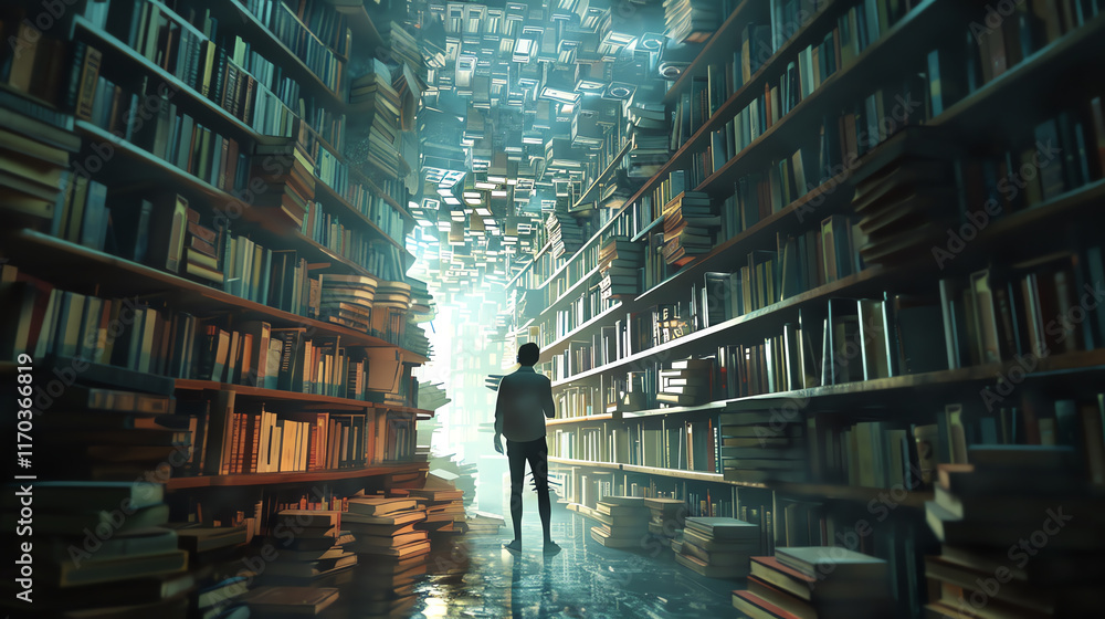 Poster explore the clash of modern novels and cryptocurrency markets in a dynamic, tilted angle view using 