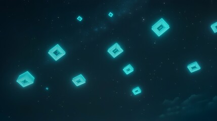 A constellation of small, cyan neon squares, floating gently under a starless night sky, with each square pulsating rhythmically like a heartbeat.