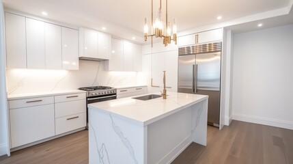 Modern White Kitchen Interior Design with Gold Accents
