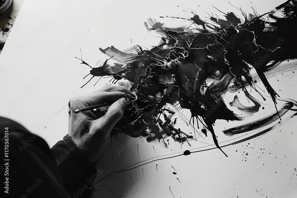 Poster explore the fusion of traditional pen and ink techniques with nanotechnology themes expressed in a m