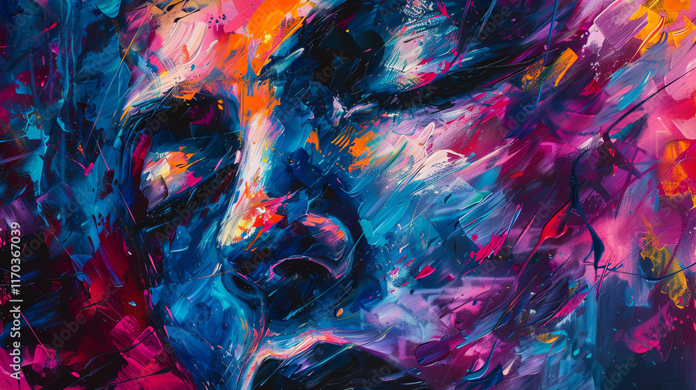 Poster explore the fusion of futuristic technologies and psychological concepts in vivid acrylic colors sho