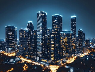 Obraz premium Night Cityscape: Illuminated Towers in a Moody Blue