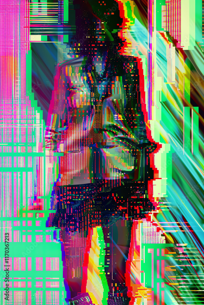 Poster explore the intersection of chaos theory and fashion through a digital glitch art representation in 