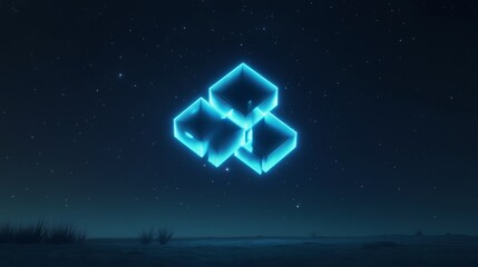 A constellation of small, cyan neon squares, floating gently under a starless night sky, forming a holographic 3D cube that hovers in mid-air.