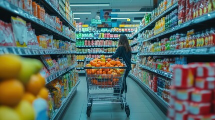 Fototapeta premium Grocery Shopping: A Woman Selecting Fresh Oranges in a Supermarket Aisle