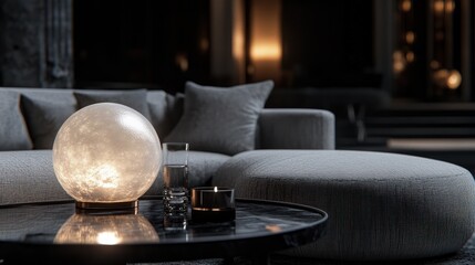 Obraz premium Serene Moonlit Living Room: A Modern Interior Design with a Celestial Lamp