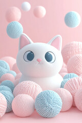 Obraz premium Adorable White Cat with Pastel Yarn Balls