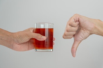 man refuses say no and avoid to drink an alcohol whiskey, stopping hand sign male, alcoholism...