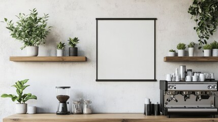 A minimalist cafe interior with a blank poster frame, a sleek silver coffee machine, and floating wooden shelves showcasing small potted plants.